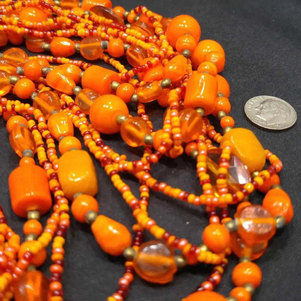 Vintage Czech Glass Bead Necklace, Orange Multistrand Boho Jewelry, 23 Inch